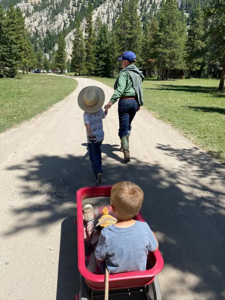 kids pulling wagon with child